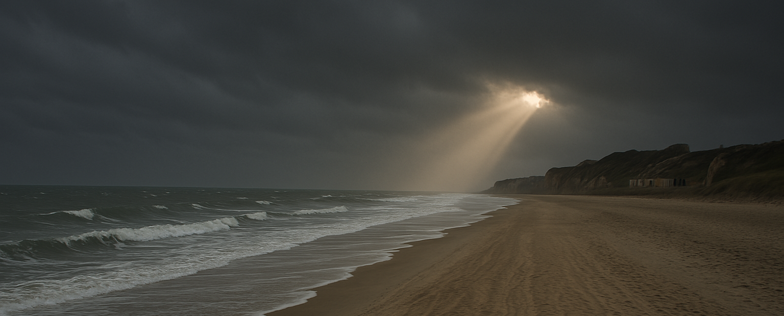 Plage normande sous un ciel nuageux, avec des vagues s'écrasant sur le sable et un rayon de soleil perçant les nuages.
